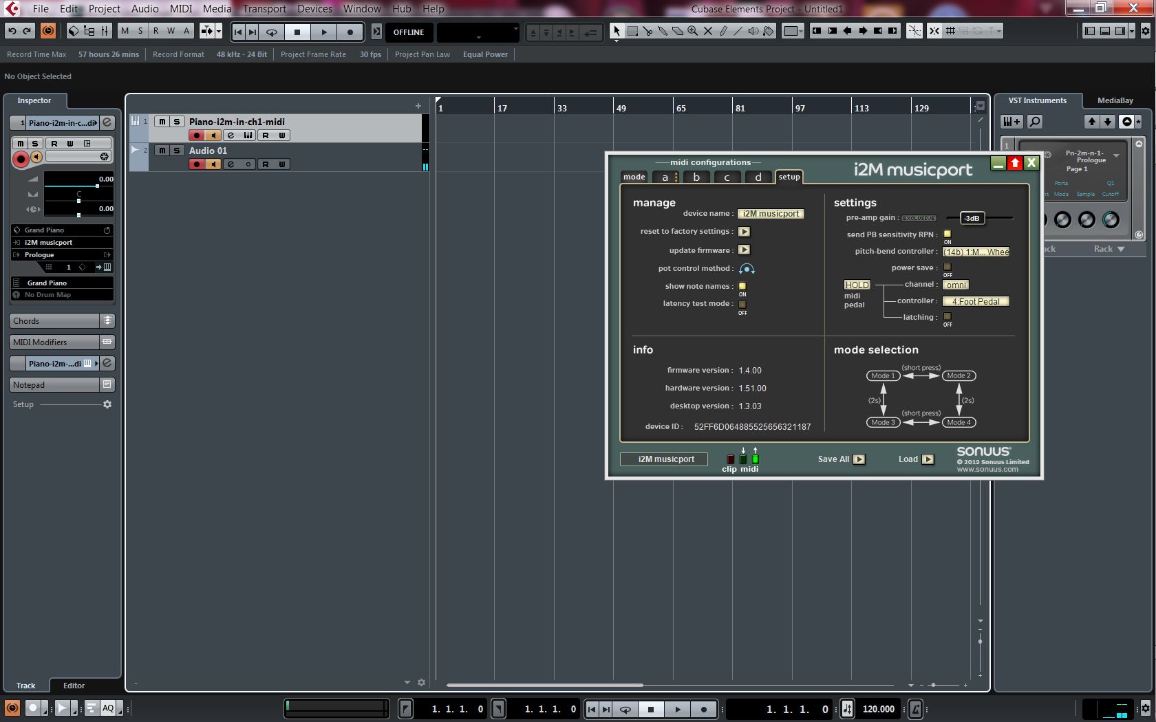 demonstration of active i2musicport, no midi activity in Cubase
