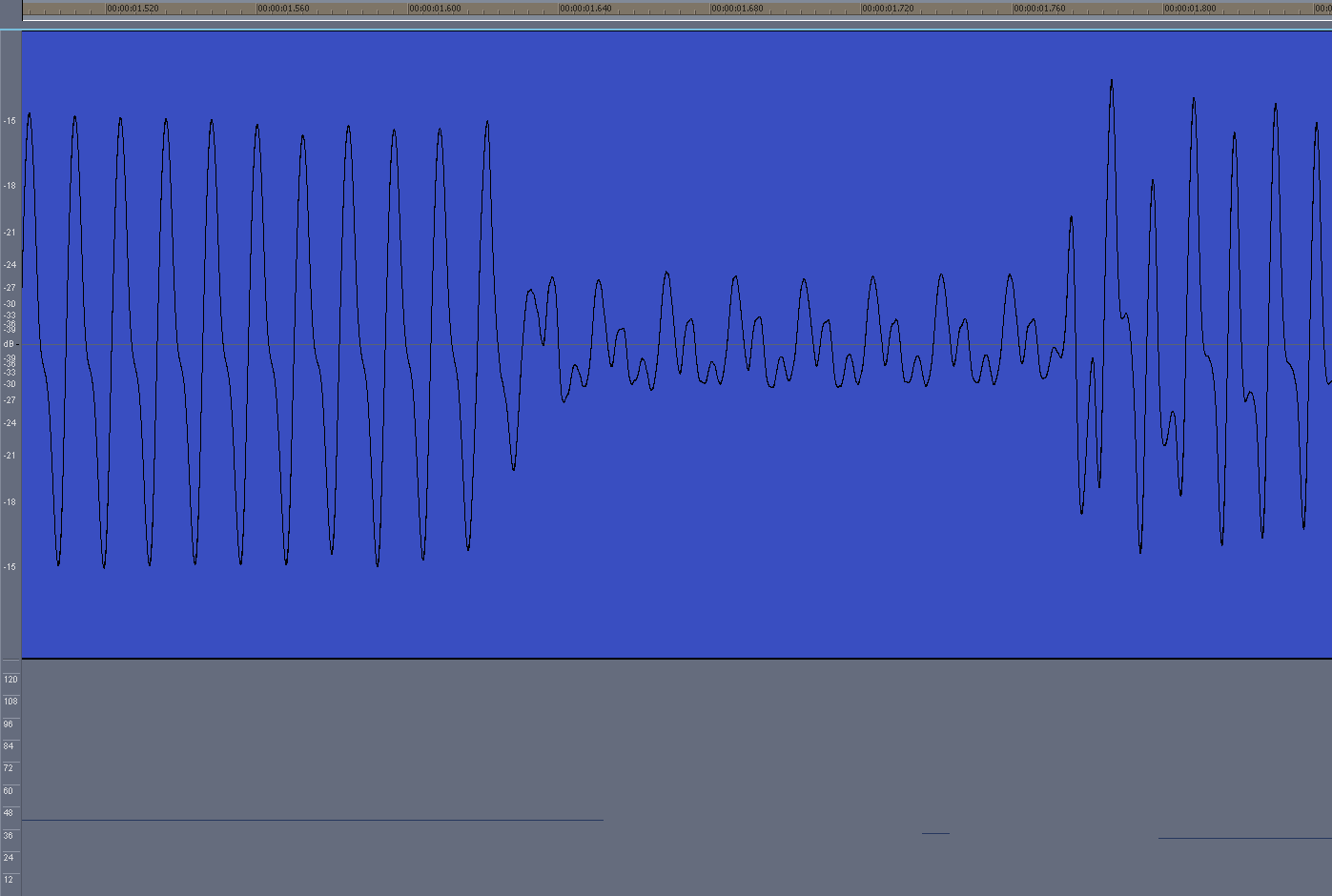 A messy change between notes. The ringing between the two notes causes a glitch-note to be detected.